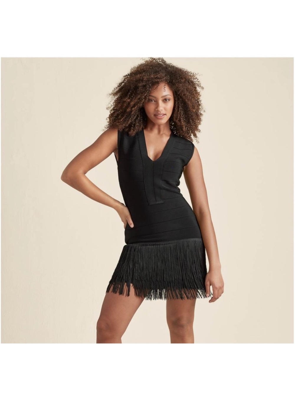 VENUS Black Bandage Fringe Dress V-Neck Sleeveless Bodycon Mini - Size 6 Flapper